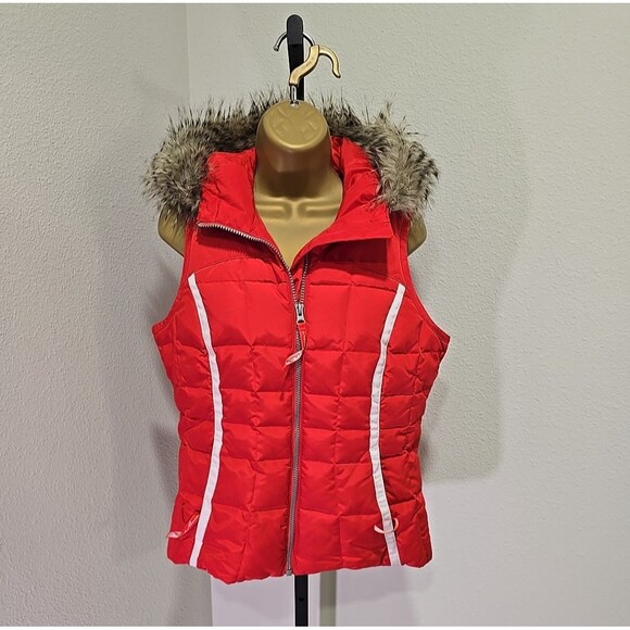 Eddie Bauer Premium Goose Down Puffer Vest Womens XS Thick Red Faux Fur Trim - Picture 1 of 8